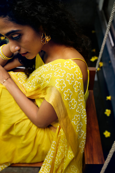 Handwoven Handprinted  Yellow Bengal Cotton Saree